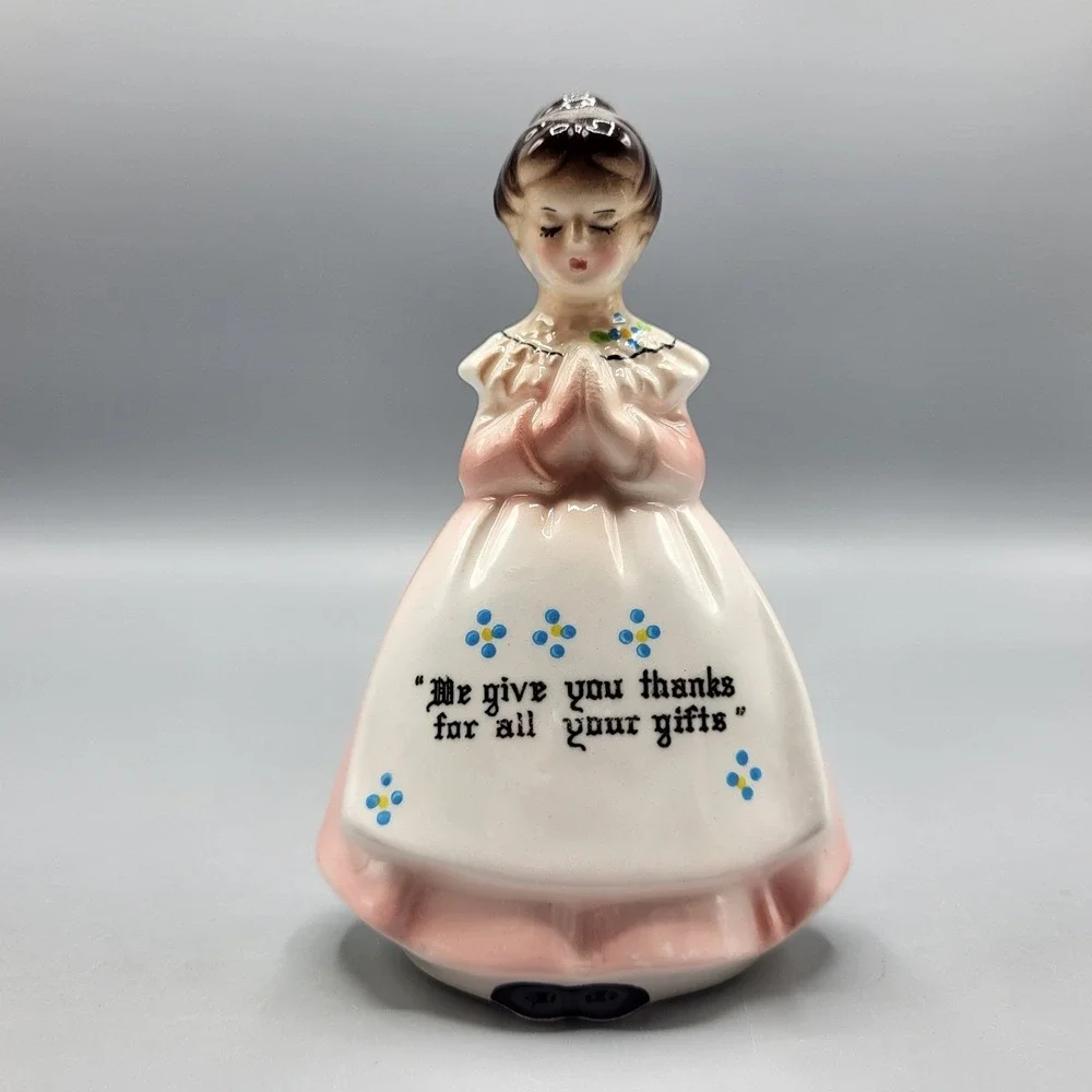Vintage Enesco Praying Girl Figurine Ceramic Japan Pink Dress Apron 4.5